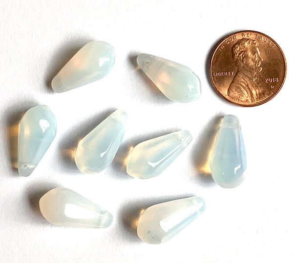 Ten large Czech glass teardrop beads - 9 x 18mm milky white opal pressed glass side drilled faceted drops six sides C0045