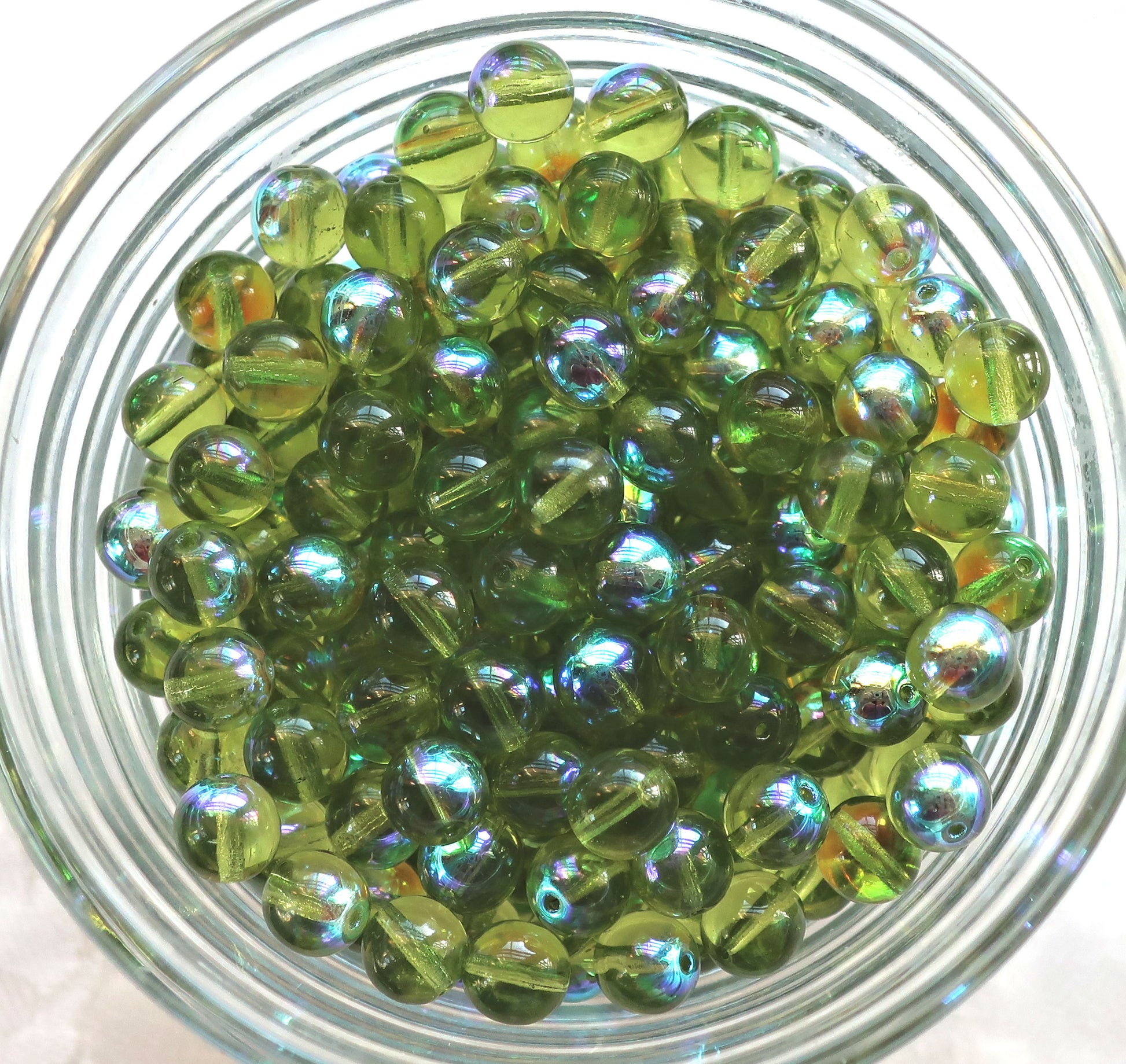 Lot of 25 8mm Czech glass druks, Peridot Green smooth round druk beads C0401 - Glorious Glass Beads