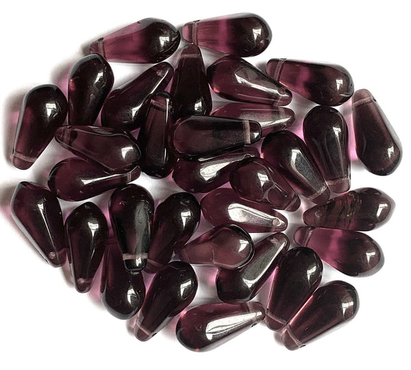 Ten large Czech glass teardrop beads - 9 x 18mm transparent amethyst purple pressed glass side drilled faceted drops six sides C0063