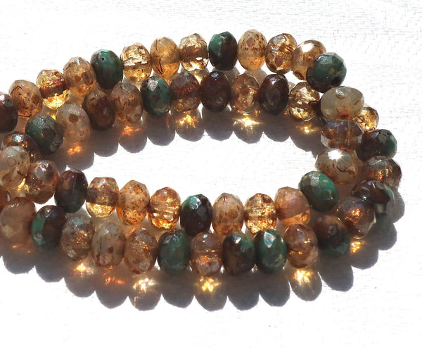 30 small Czech glass puffy rondelle beads, rustic earth tones picasso mix 3mm x 5mm faceted rondelles 53101
