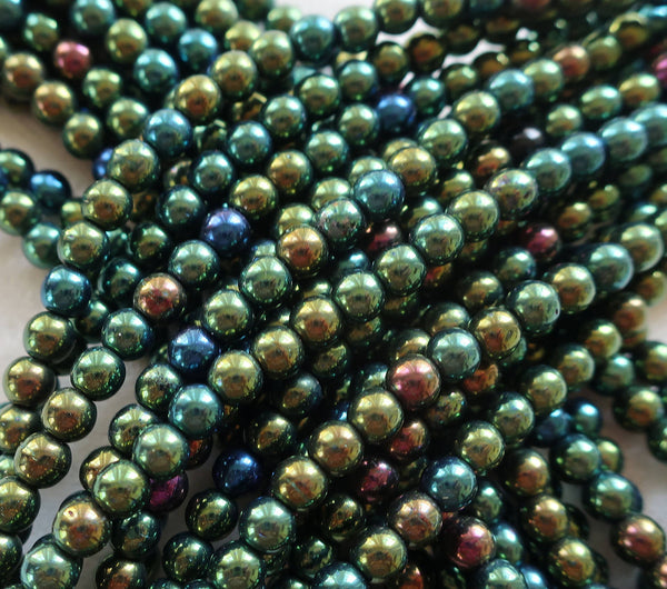 Lot o 100 4mm Green Iris Czech glass druks, smooth round druk beads C3701 - Glorious Glass Beads