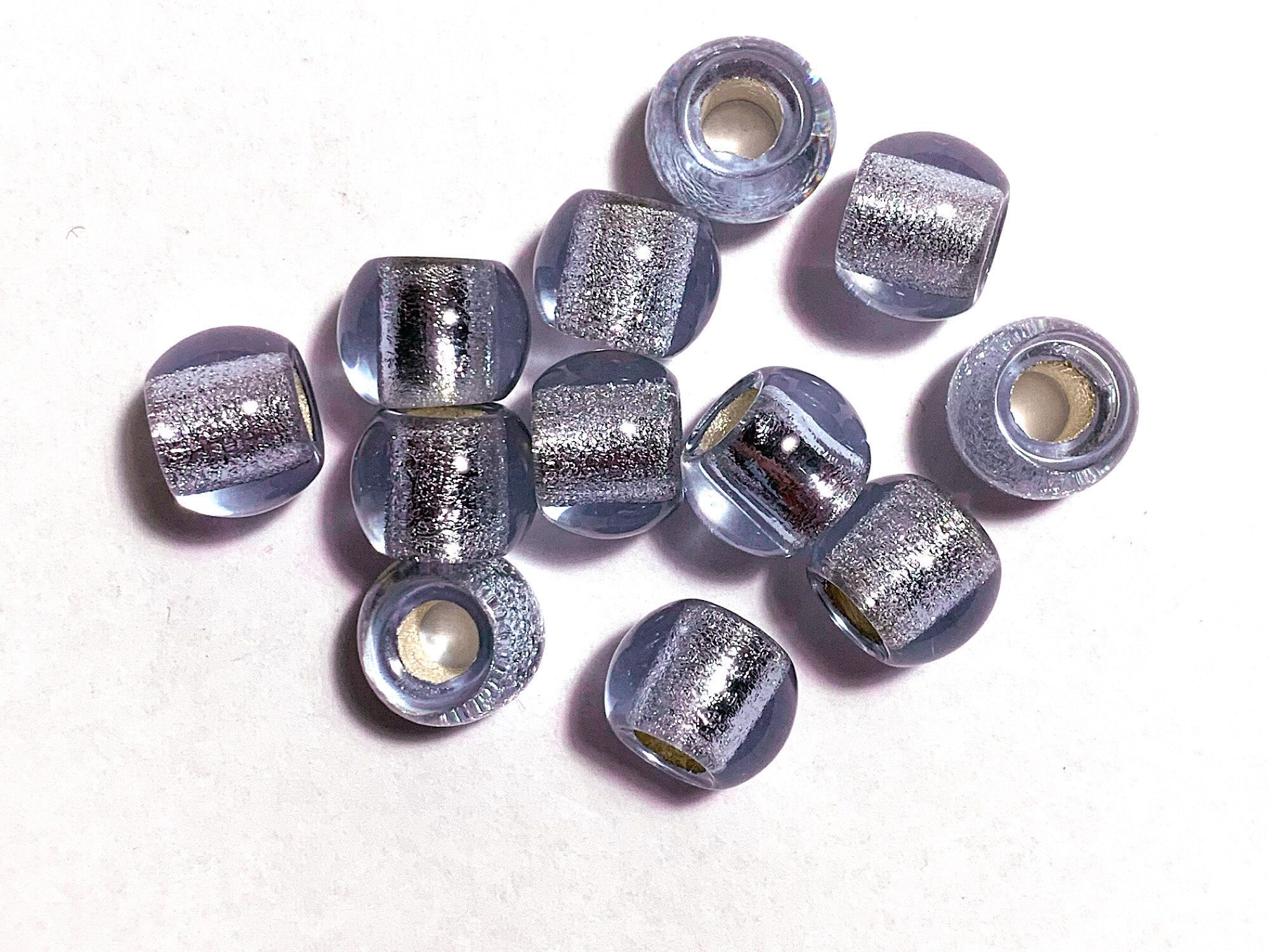 Six 12mm large round alexandrite light purple silver Lined Czech glass big hole druk beads, 4.5mm holes, Pandora, European style druks C0701