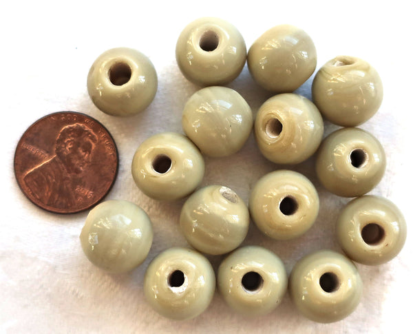 Ten 12mm Opaque beige, tan, light brown big large hole glass beads with 3mm holes, smooth round druk beads, Made in India C8501 - Glorious Glass Beads
