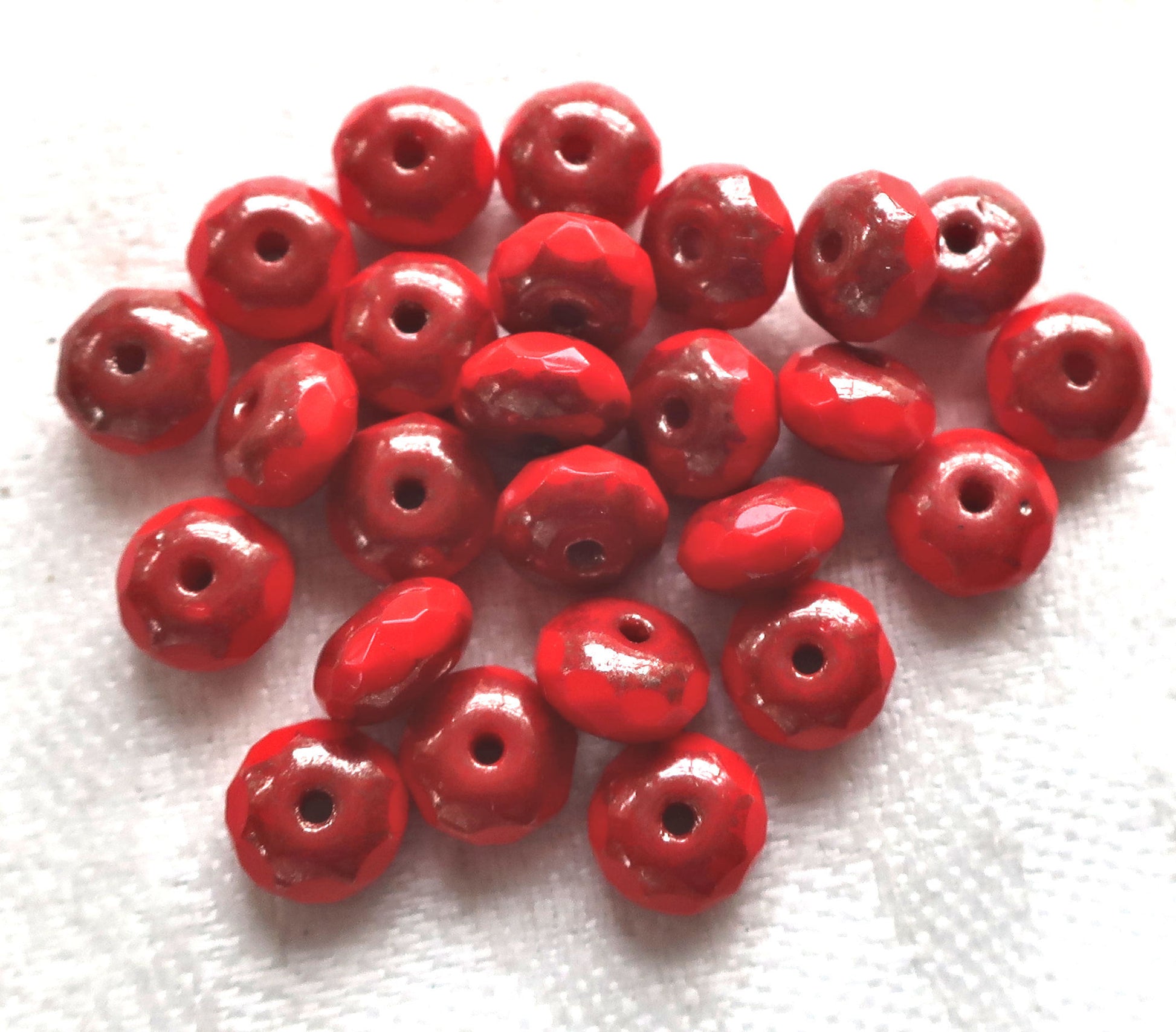 Lot of 25 Opaque Bright Red Picasso faceted puffy rondelle or donut beads, 5 x 7mm, Czech glass beads C16101 - Glorious Glass Beads