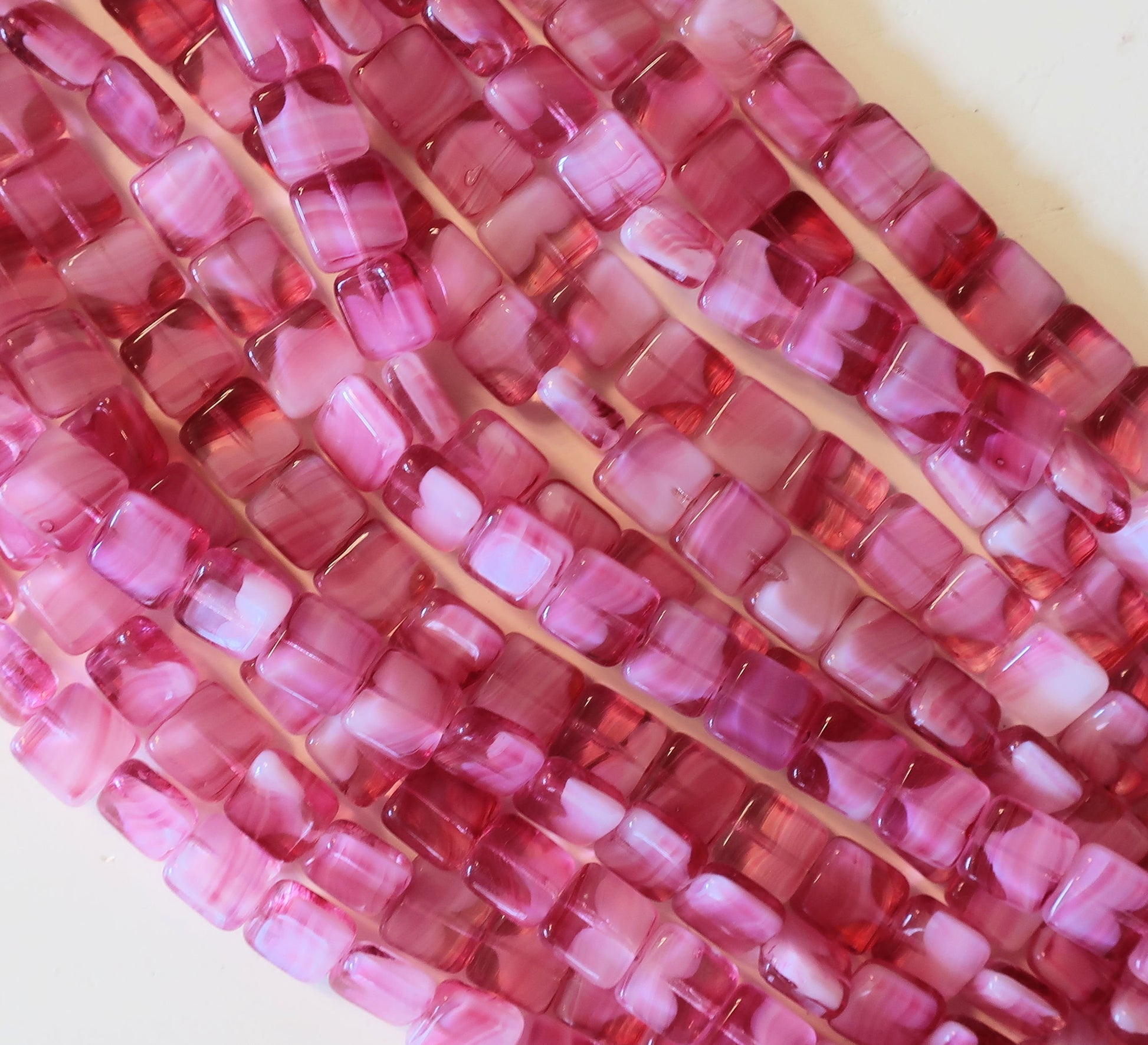 Lot of 25 9mm one hole flat square Czech glass beads - transparent marbled pink with white hearts C0901 - Glorious Glass Beads