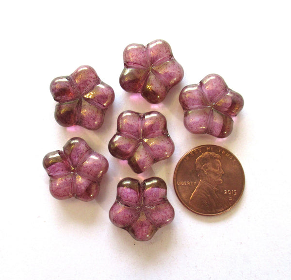 Lot of six 17mm Czech glass flower beads - pink pressed beads with an iridescent luster finish - 00341