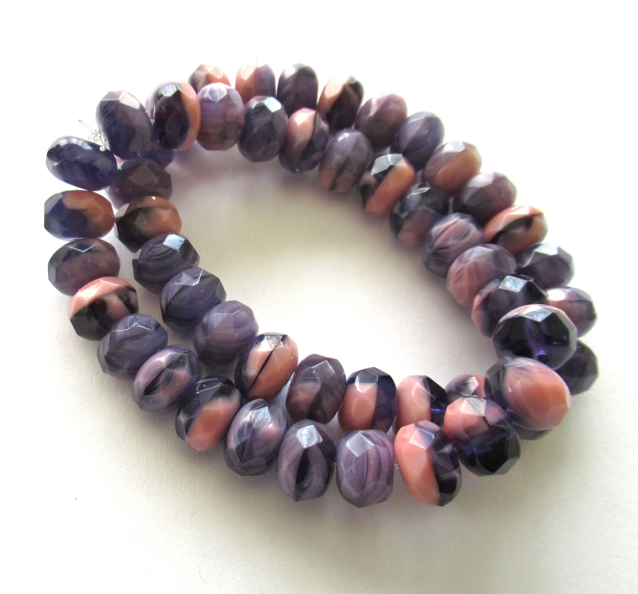 25 Czech glass puffy rondelle beads - 6 x 9mm, opaque amethyst / purple & pink color mix faceted rondelles, bronze picasso finish 00662