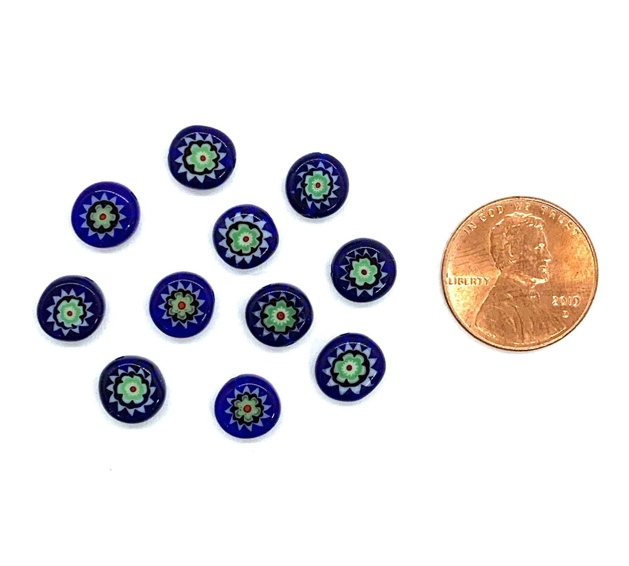 Ten 8mm cane or millefiori glass beads - blue, green and white coin or disc beads - C0008
