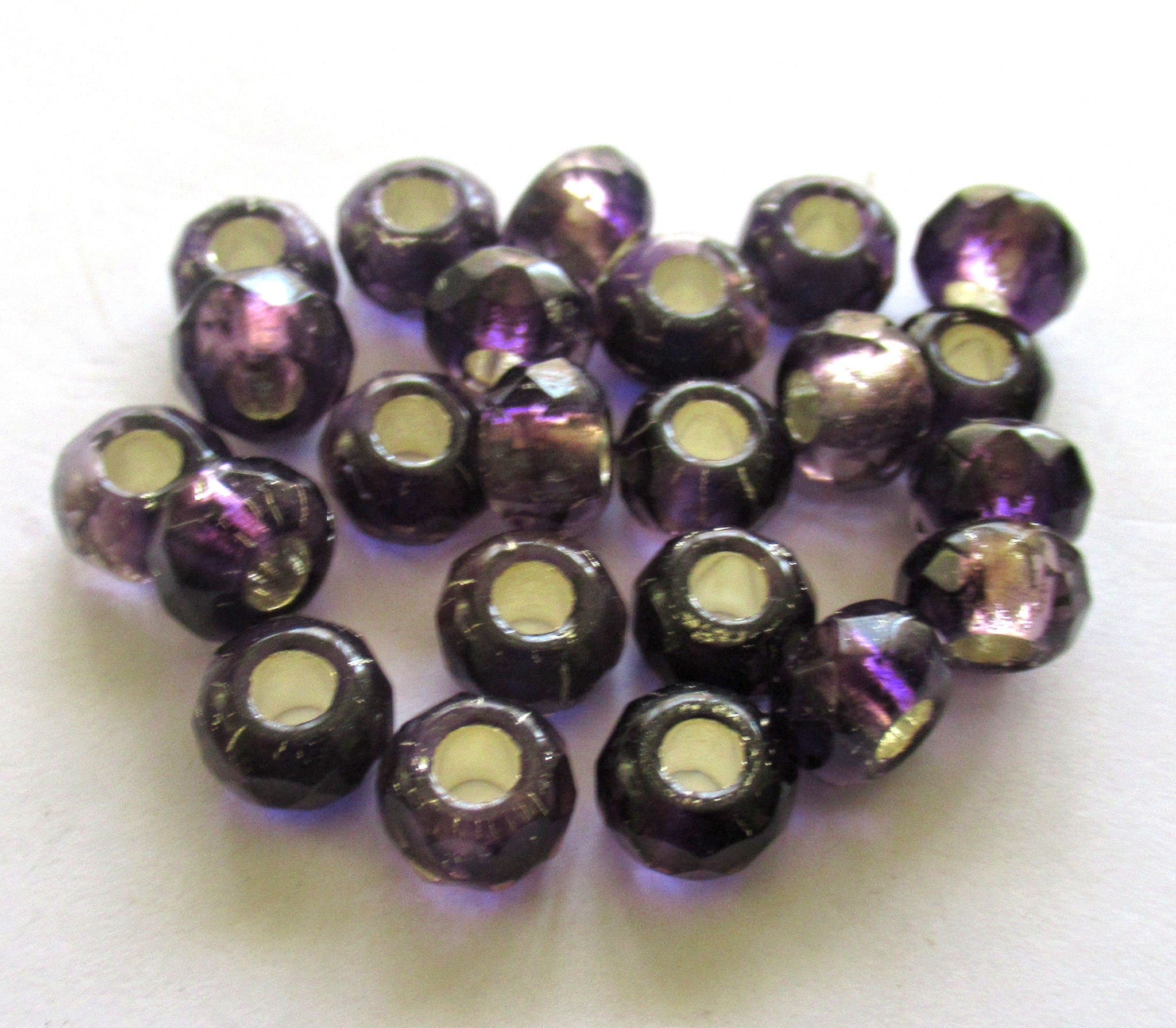 Ten Czech glass roller beads - 6 x 9mm tanzanite purple silver lined, faceted roller, rondelle, big 3.5mm hole beads C00621
