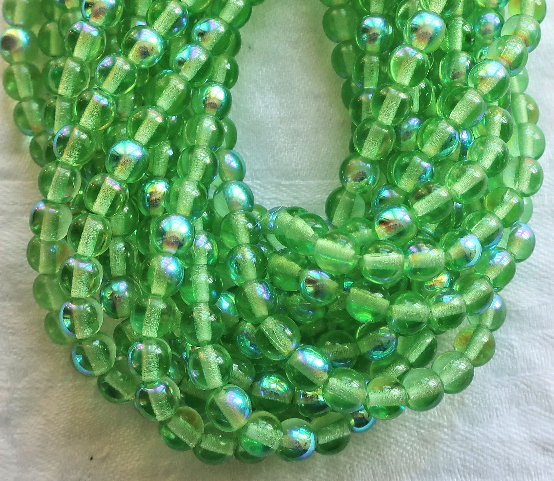 50 6mm Czech glass druks, peridot green AB smooth round druk beads C3701 - Glorious Glass Beads