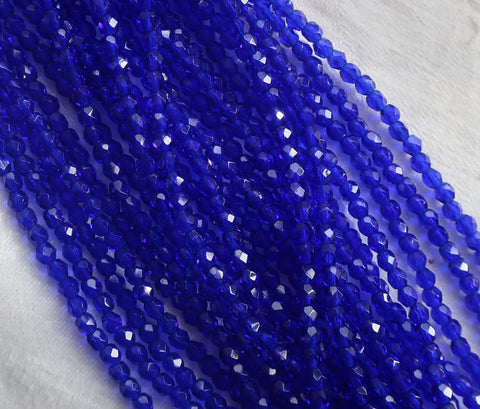 Lot of 50 3mm Cobalt Blue Czech glass beads, firepolished faceted round beads C2450 - Glorious Glass Beads