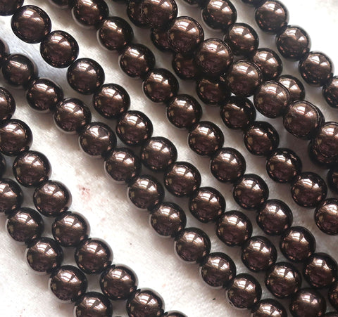 Lot of fifty 6mm Czech glass druks, Metallic Dark Chocolate Bronze smooth round Czech glass druk beads C92101 - Glorious Glass Beads