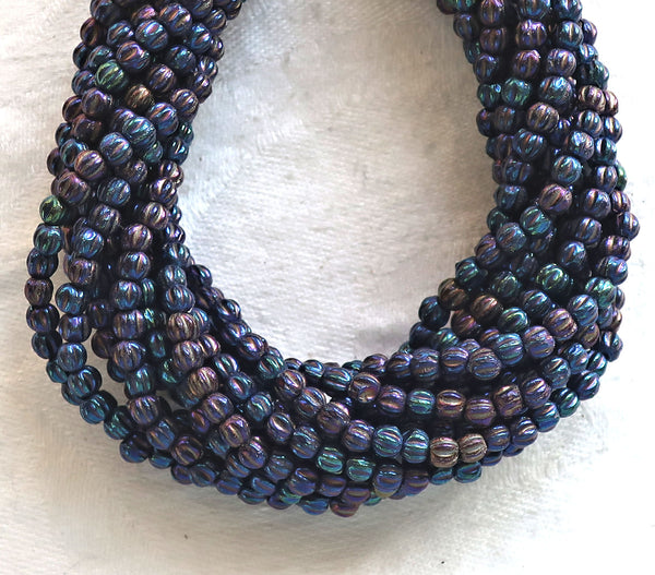 Lot of 100 3mm Czech glass melon beads, Blue Iris pressed glass beads C11850