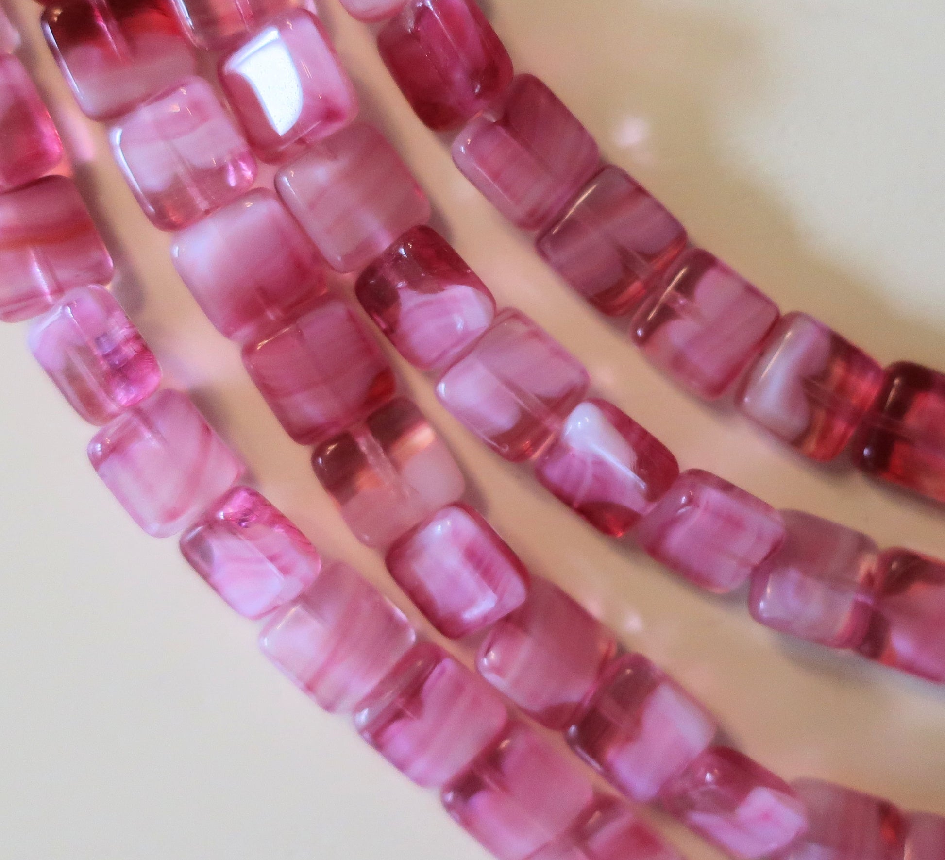 Lot of 25 9mm one hole flat square Czech glass beads - transparent marbled pink with white hearts C0901 - Glorious Glass Beads