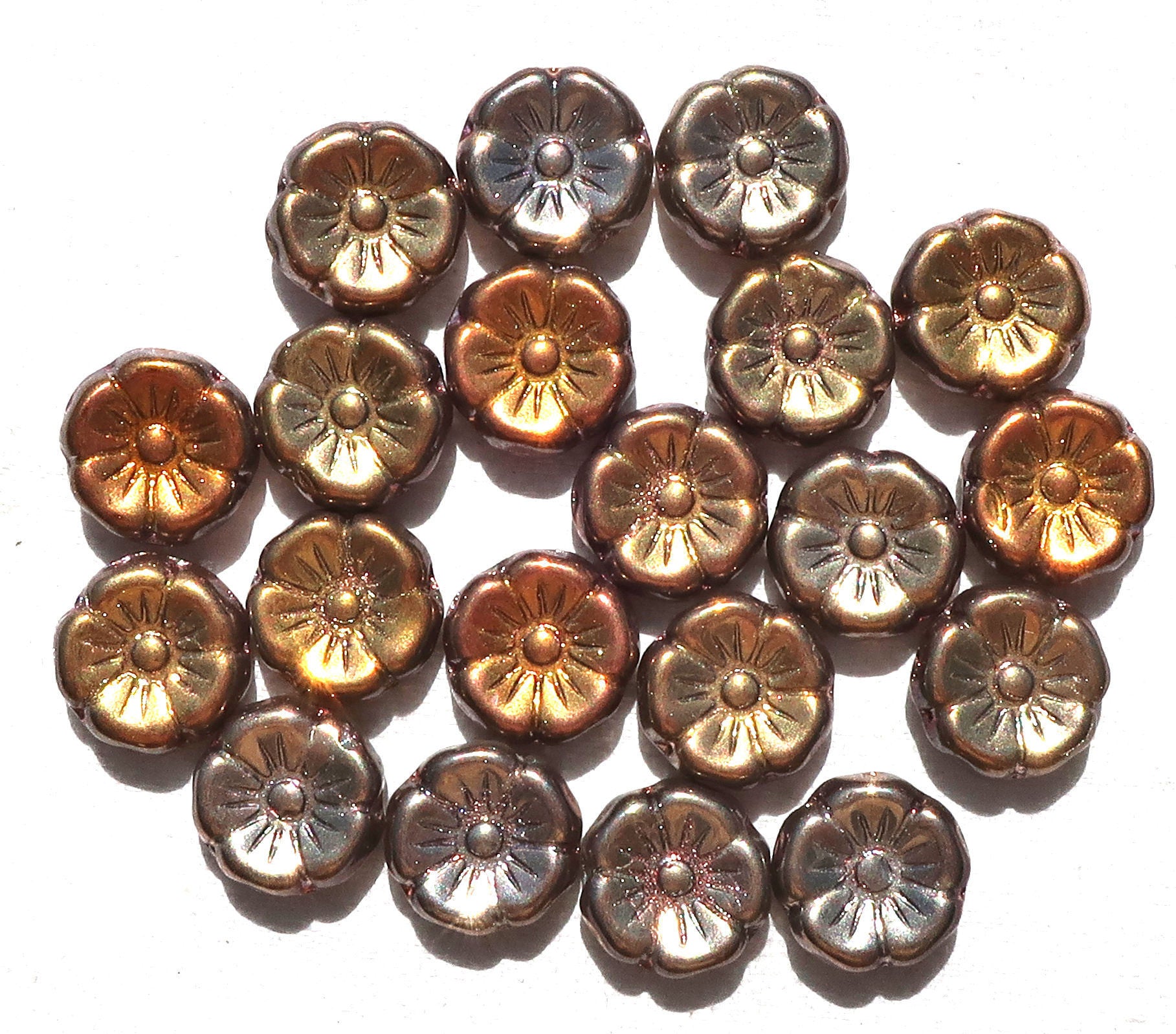 Lot of 20 12mm pink, apricot & taupe iridescent metallic Czech glass flower beads, pressed glass Hawaiian flowers, C06101 - Glorious Glass Beads