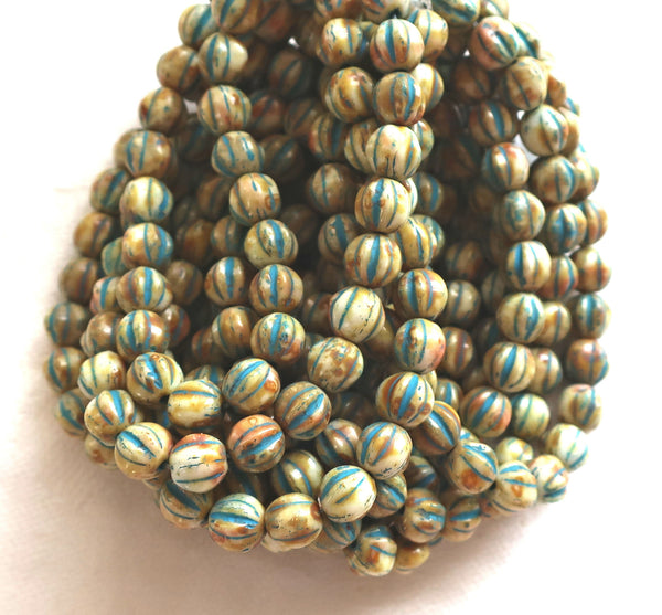 25 Striped ivory, off white & blue melon beads, 6mm pressed Czech glass beads with a turquoise wash C2701
