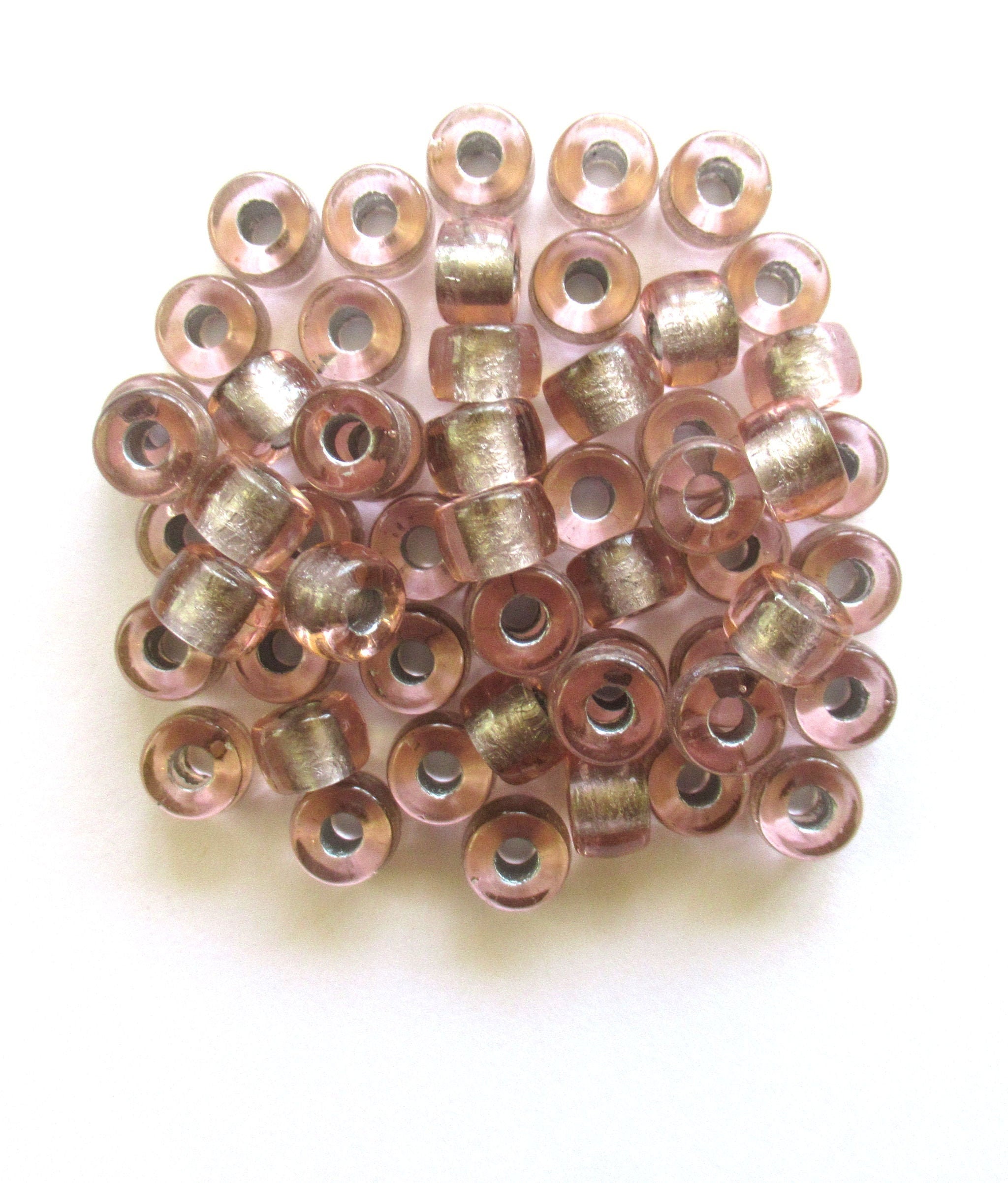 25 9mm Czech glass salmon pink silver lined pony roller beads, large, big hole crow beads, C00401