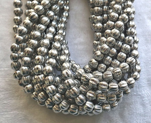 Fifty 5mm silver glass melon beads, Czech pressed glass beads C71150
