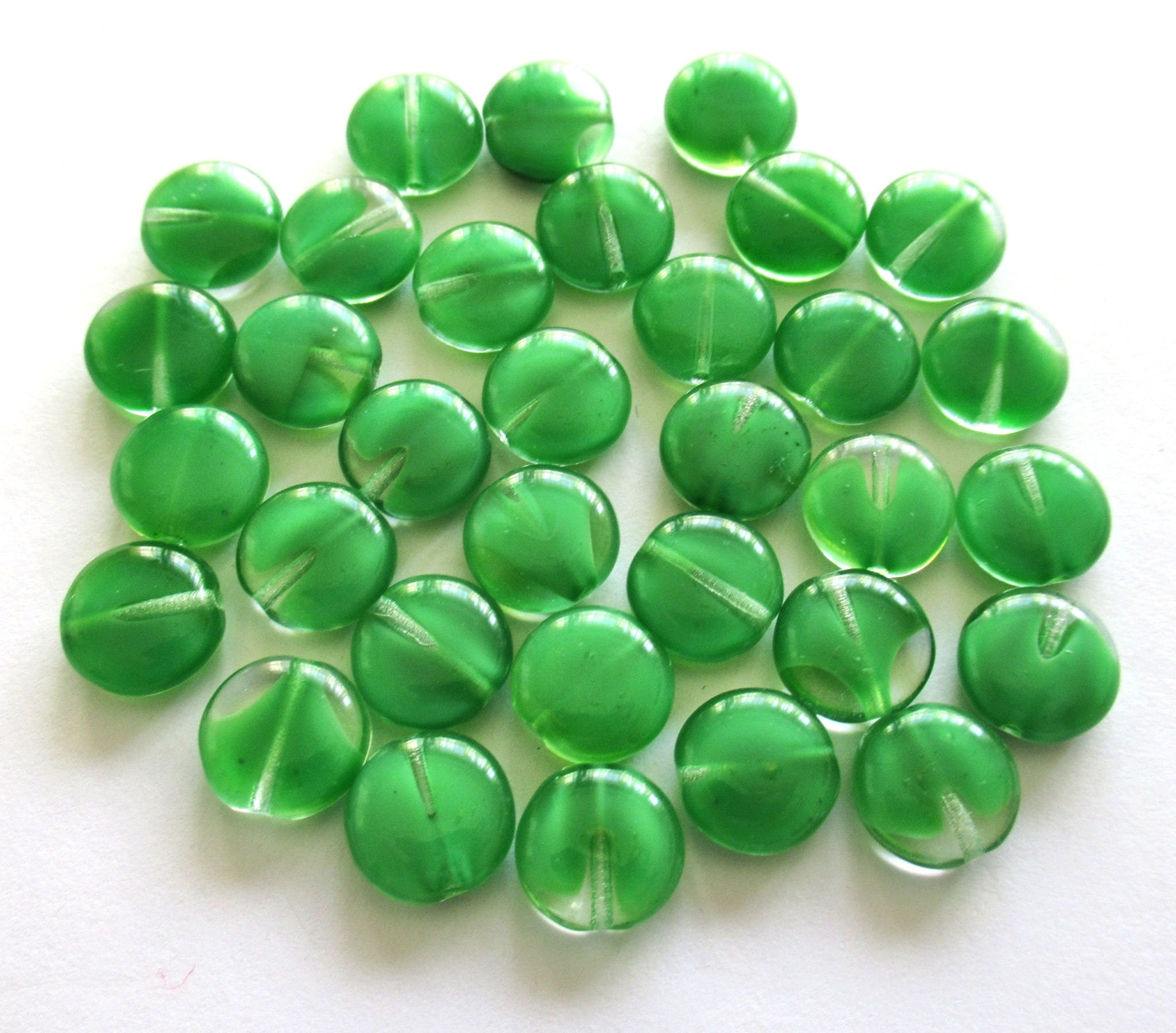 20 Czech glass coin beads - 10mm green & crystal disc beads C0055