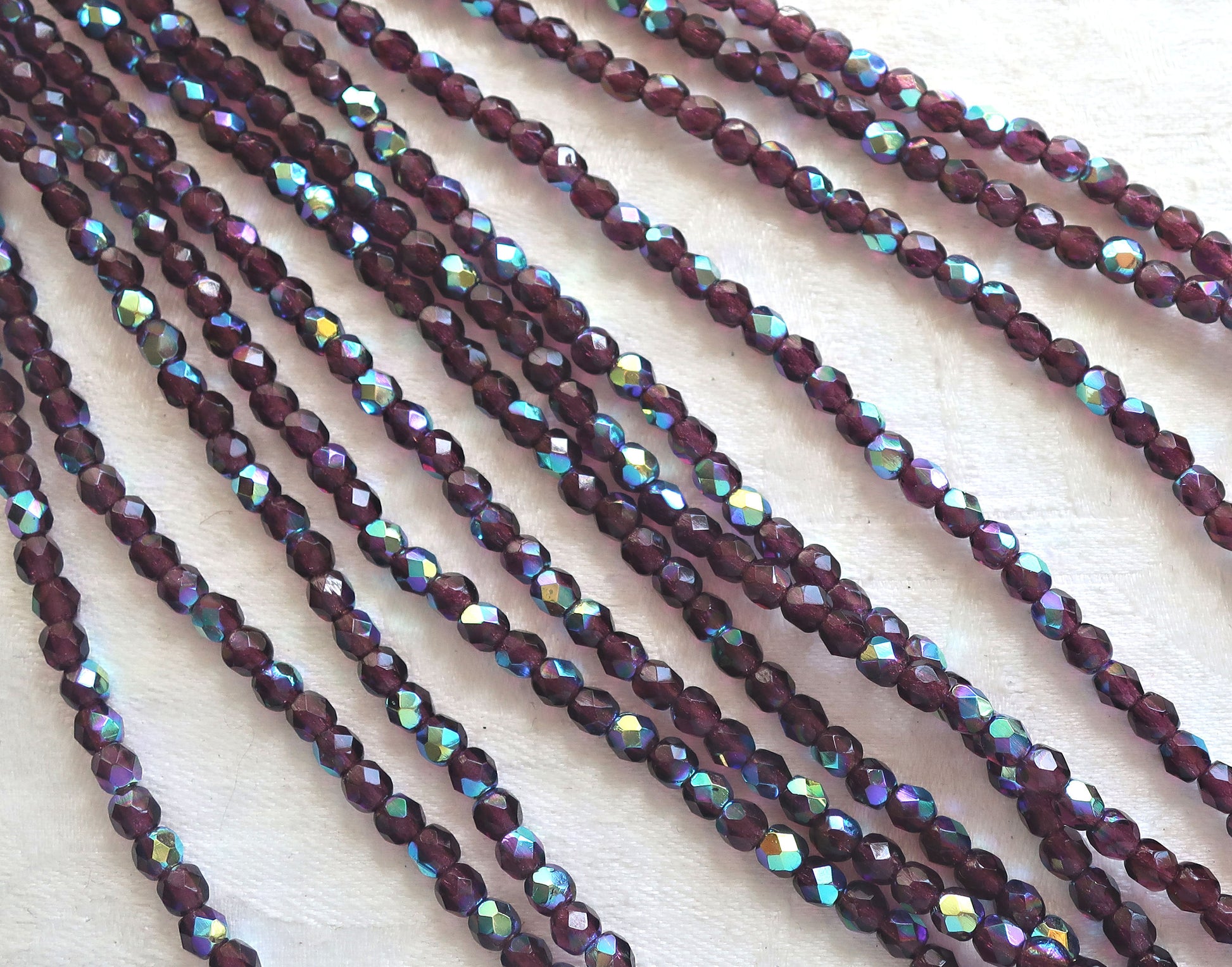 Lot of 50 4mm Dark Amethyst AB Czech glass beads, purple, amethyst, firepolished, faceted round beads, C8550 - Glorious Glass Beads