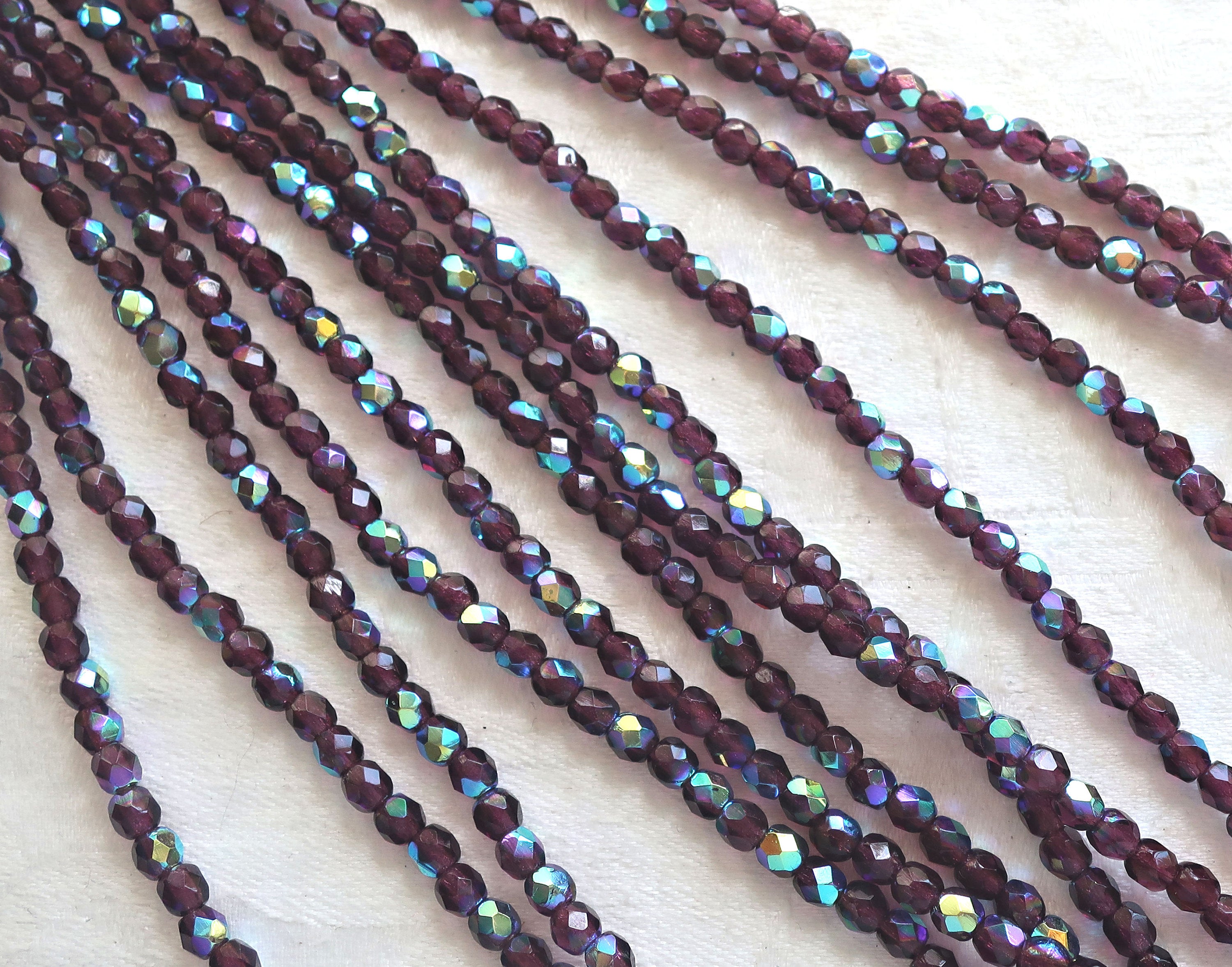 Lot of 50 4mm Dark Amethyst AB Czech glass beads, purple, amethyst, firepolished, faceted round beads, C8550 - Glorious Glass Beads