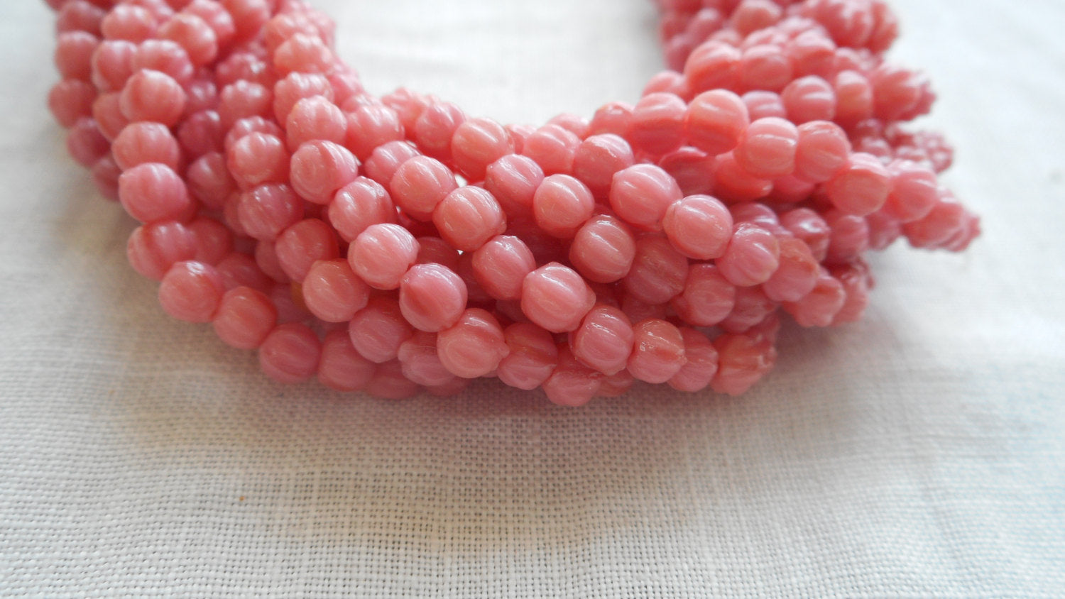 100 3mm Opaque Coral Pink melon beads, pressed glass Czech beads, C46150
