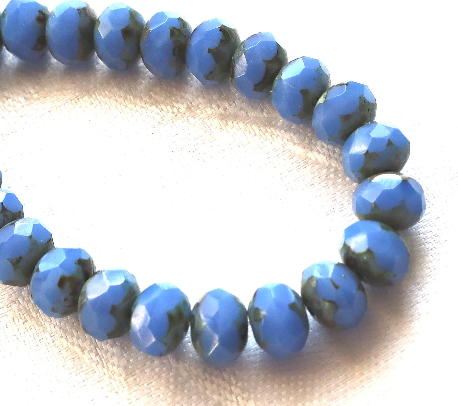 lot of 25 Czech glass faceted puffy rondelle beads, Opaque Cornflower Blue blue Picasso 6 x 8mm rondelles 00301 - Glorious Glass Beads