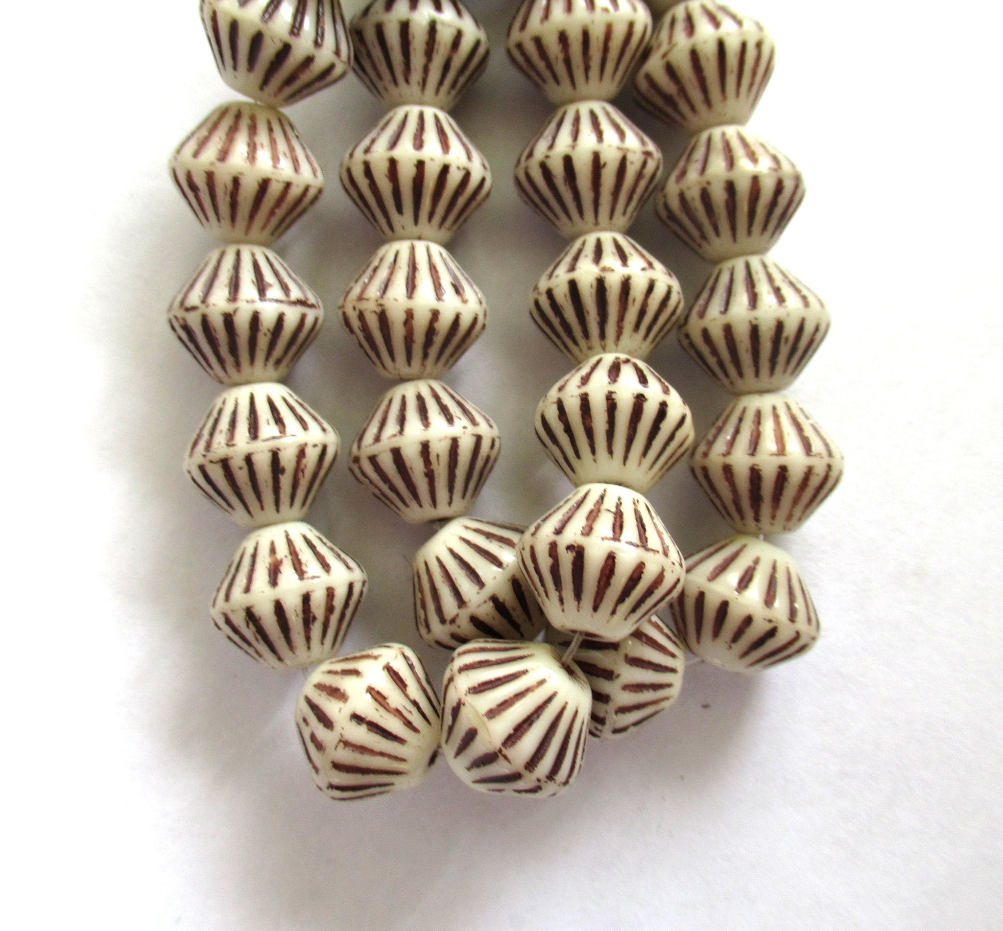 Five Czech glass bicones - 11mm x 10mm - opaque off white with brown accents carved, chunky, rustic bicone beads C0036