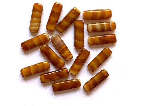 15 Czech glass flat tube beads - 6 x 17mm marbled, striped brown or caramel and white beads C0401