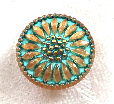 One 18mm Czech glass flower button, gold sunflower with a turquoise wash, verdigris look, decorative floral shank buttons 30201 - Glorious Glass Beads