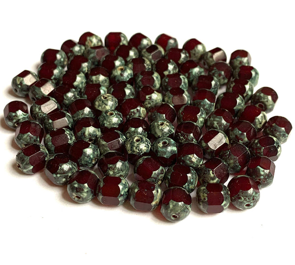 15 Czech glass faceted cathedral or barrel beads six sides - 8mm fire polished garnet red beads with picasso finish on the ends C0045