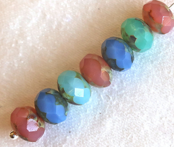 25 Czech glass faceted puffy rondelles, 6 x 8mm translucent pink. blue & aqua picasso color assortment, sale price rondelle beads, 51101