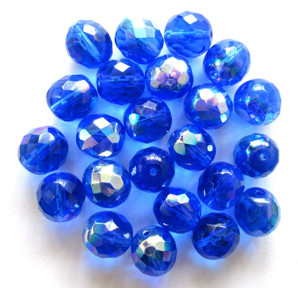 Ten Czech glass fire polished faceted round beads - 12mm sapphire blue beads with an AB finish C0089