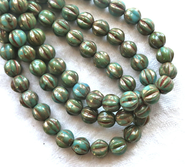 25 Czech pressed glass melon beads, 6mm opaque Turquoise Blue with a Picasso finish C0901
