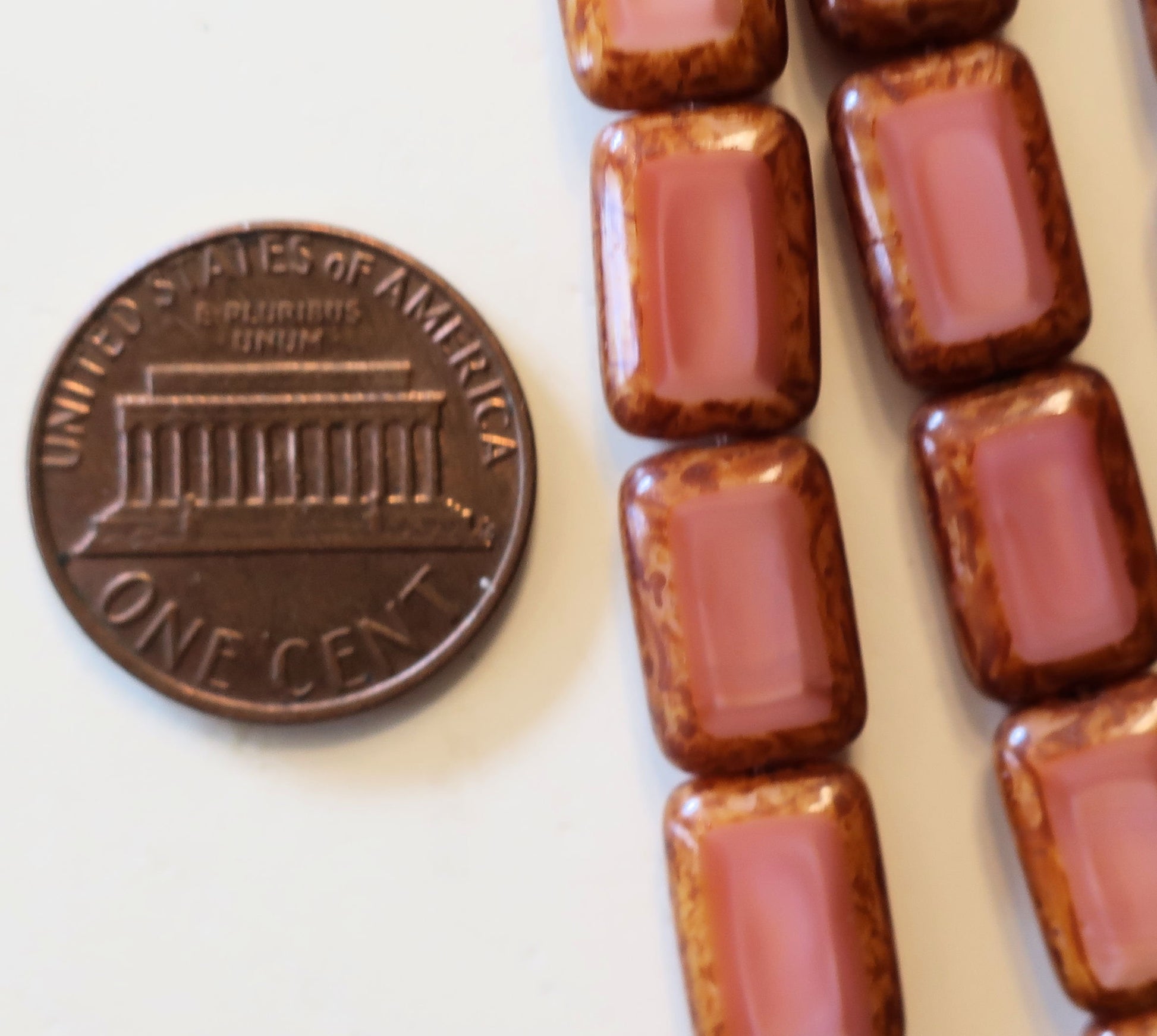 Lot of 24 Czech glass rectangle beads - table cut opaque silky pink Picasso Czech glass rectangular beads, 12mm x 8mm, C16101 - Glorious Glass Beads