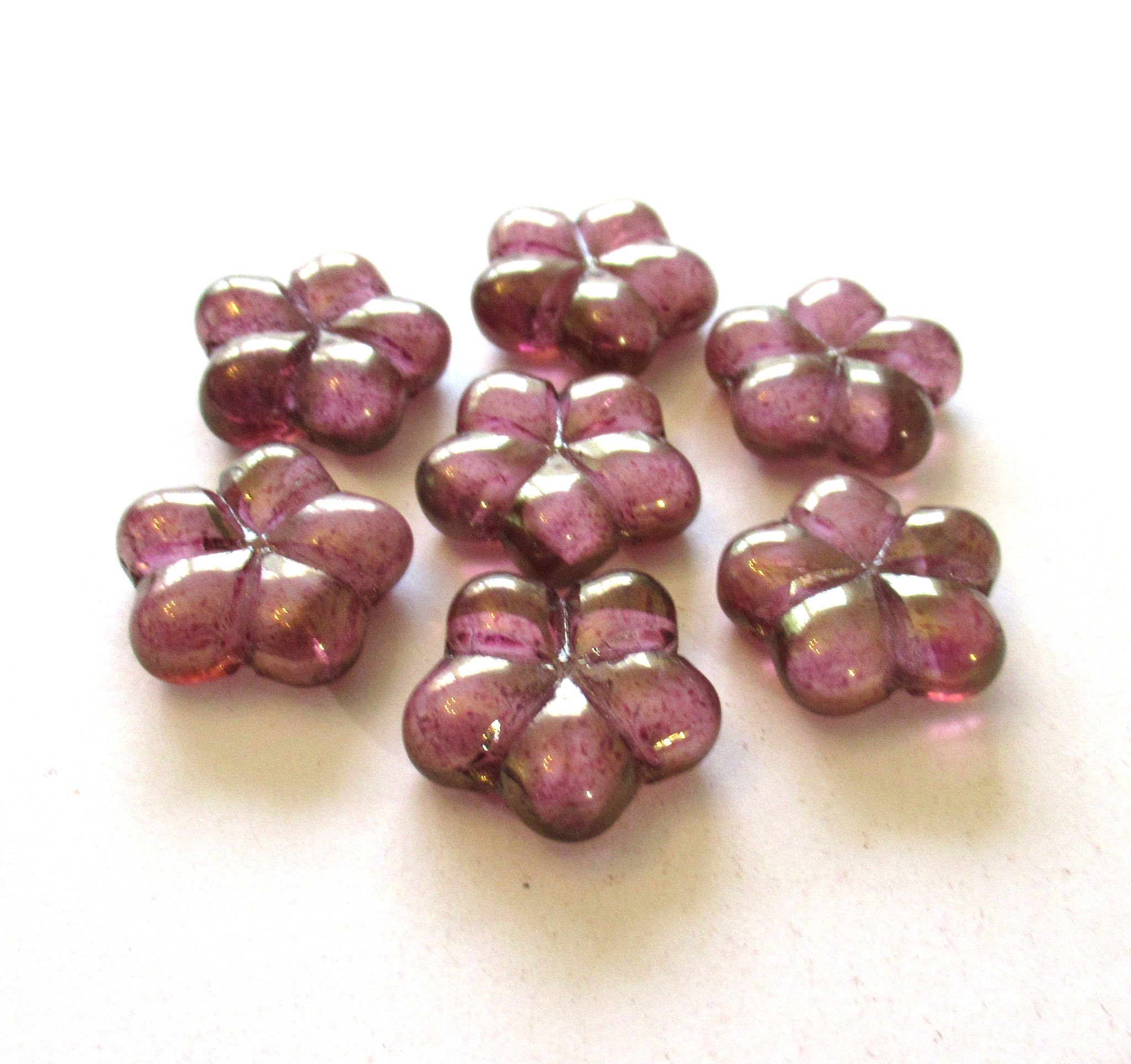 Lot of six 17mm Czech glass flower beads - pink pressed beads with an iridescent luster finish - 00341