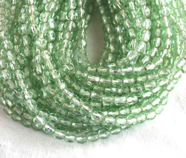 Lot of 50 4mm Peridot, light green, silver lined Czech glass beads, firepolished faceted round glass beads C5550