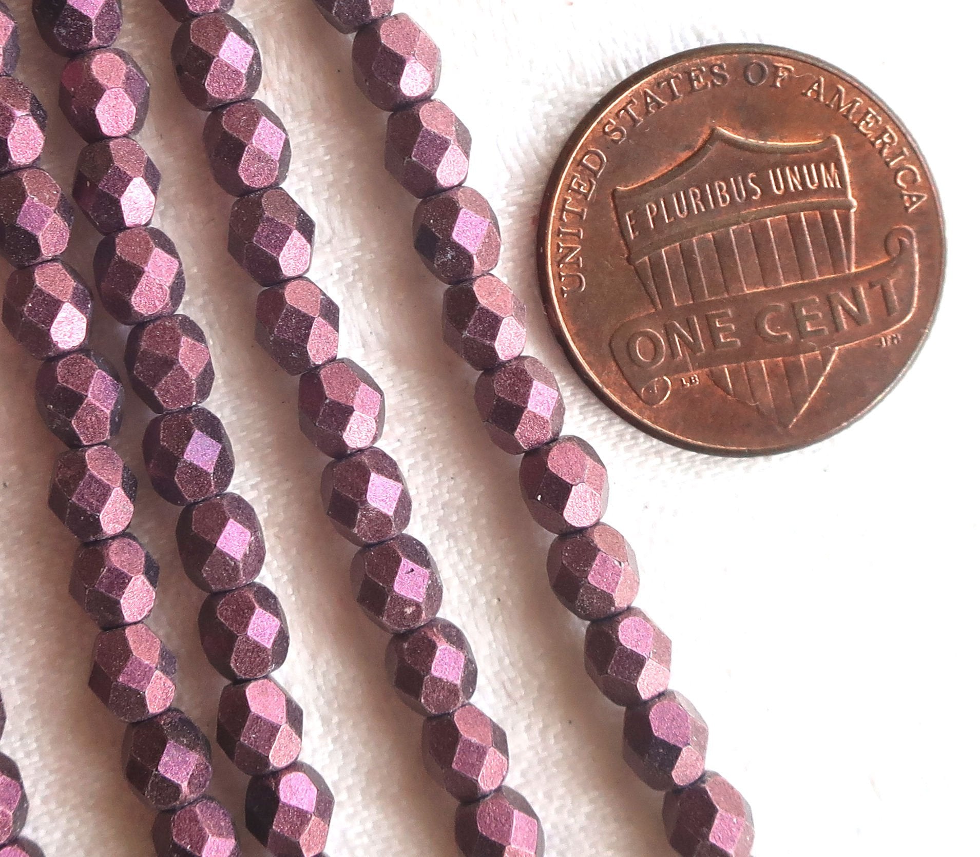 Lot of 50 4mm Czech glass beads, matte metallic suede, sueded pink fireploished, faceted roind beads 9650 - Glorious Glass Beads