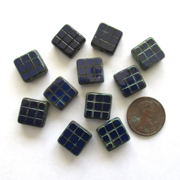 Six large 13 x 13mm square table cut carved Czech glass beads - 6mm thick opaque dark navy blue picasso beads - 00991
