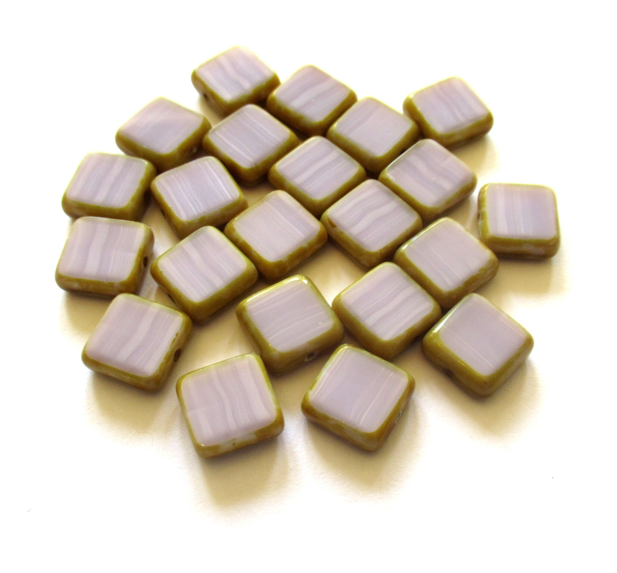 Fifteen Czech glass square beads - 10 x 10mm - opaque light purple / lavender - table cut beads - C00331