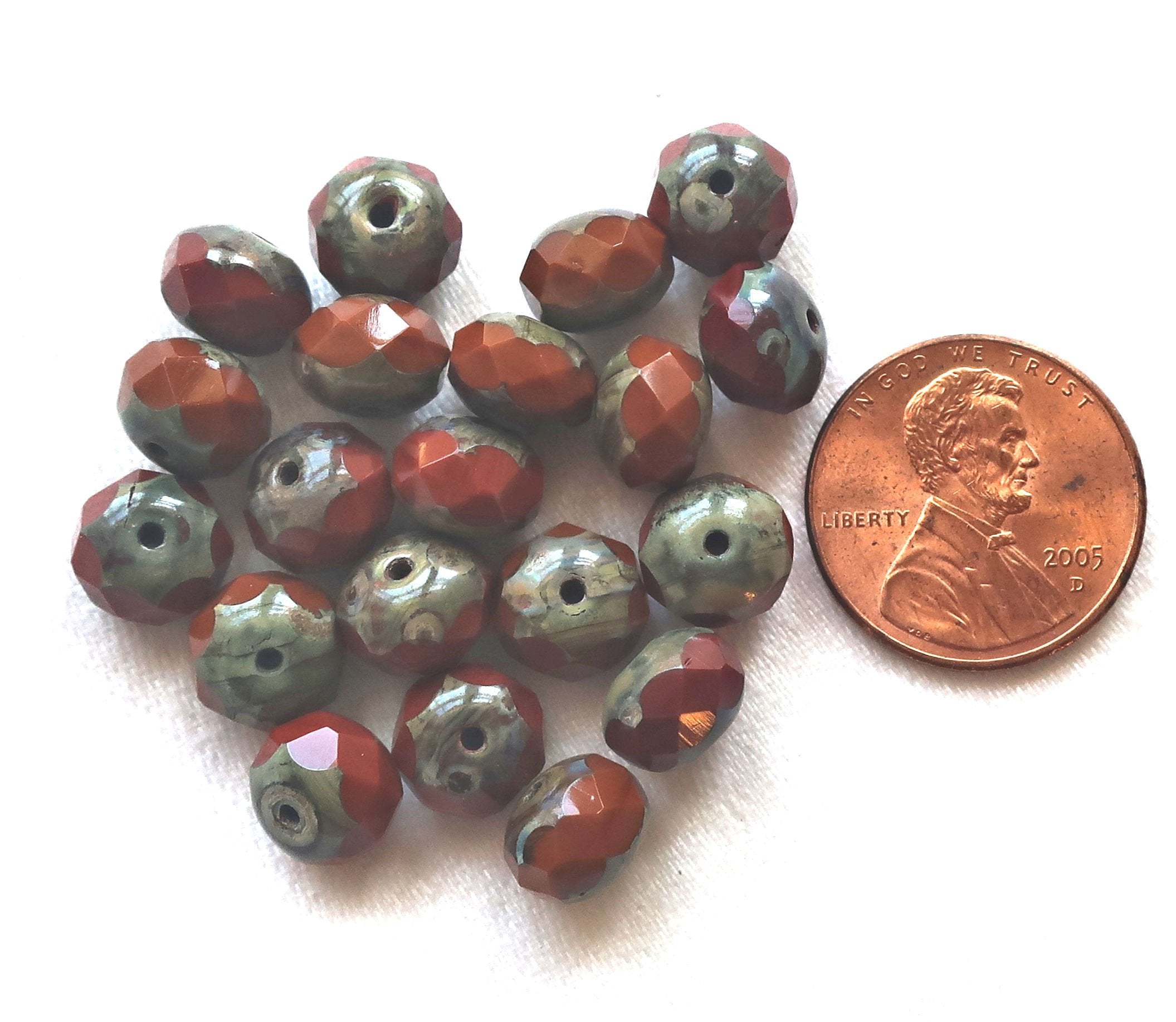 25 Czech glass faceted puffy rondelle beads, opaque rusty red & orange picasso mix, 6 x 8mm rustic, earthy, rondelles, sale price 55101 - Glorious Glass Beads