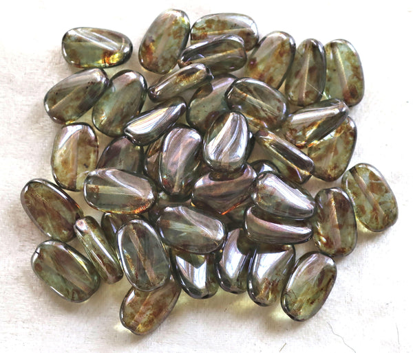 Lot of 15 Lumi Green slightly twisted oval Czech Glass beads, 14mm x 8mm pressed glass beads C0021