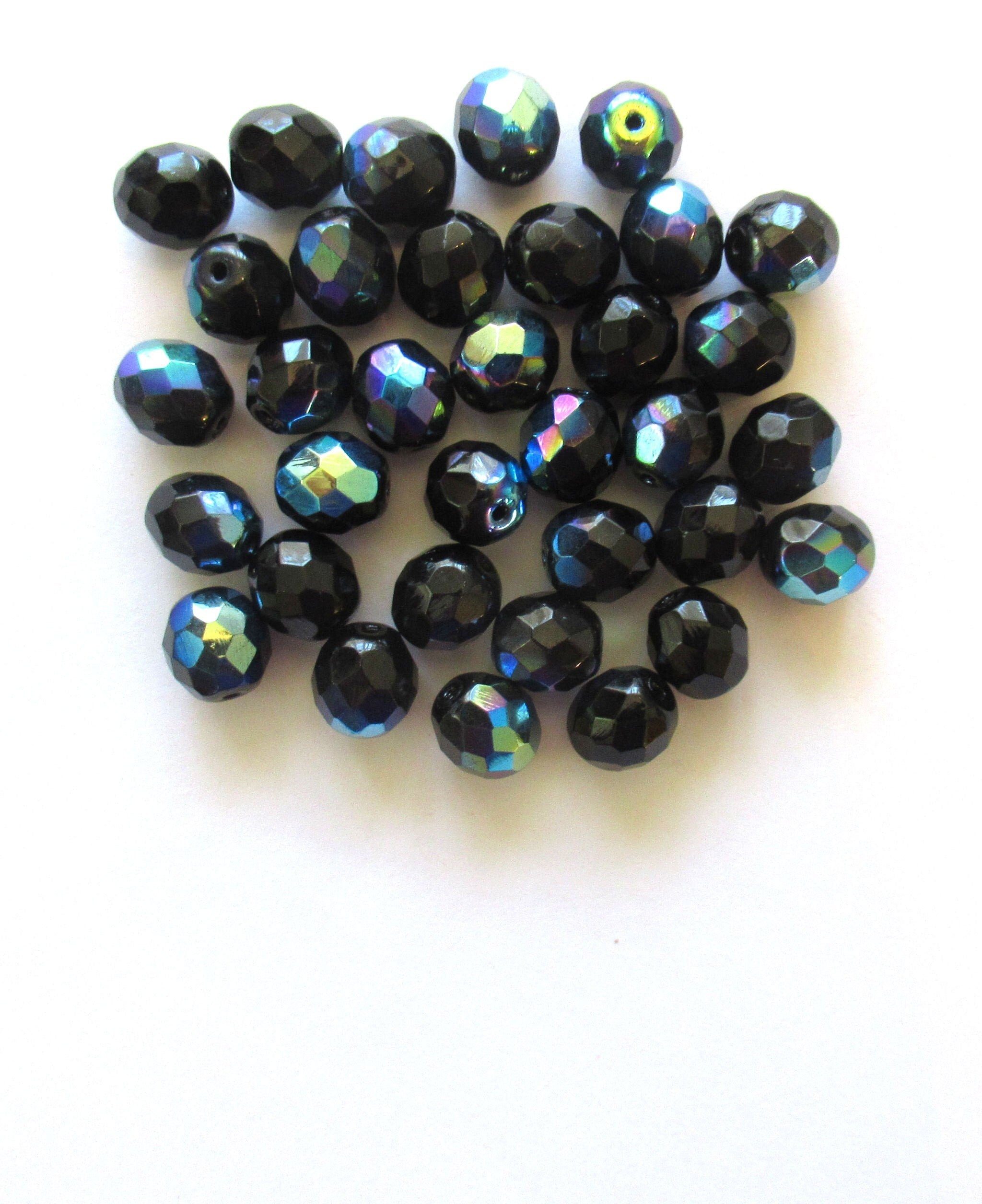Twenty Czech glass fire polished faceted round beads - 10mm jet black AB beads C0087