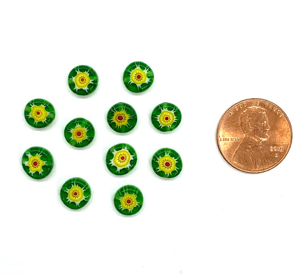 Ten 8mm cane or millefiori glass beads - green yellow and red coin or disc beads - C0008