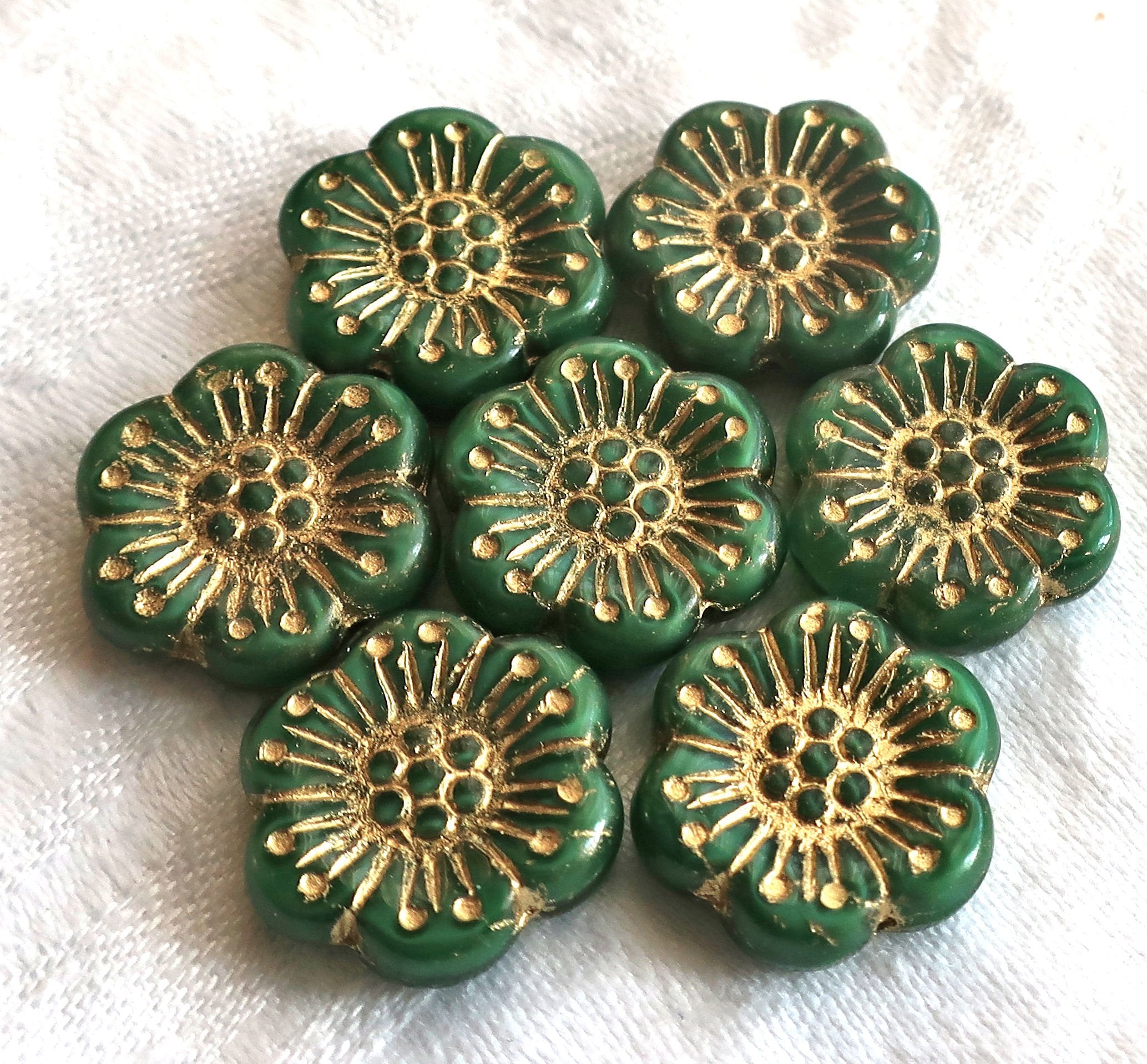 Lot of 5 large 18mm opaque green and gold Czech glass flower beads, forest green pressed glass flower beads, 83101 - Glorious Glass Beads