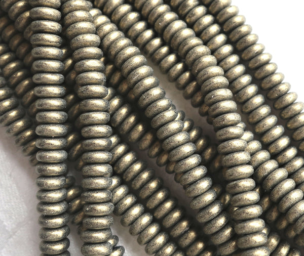 Lot of 50 6mm Czech glass rondelle beads, matte metallic suede gold, flat spacers or rondelles C6601