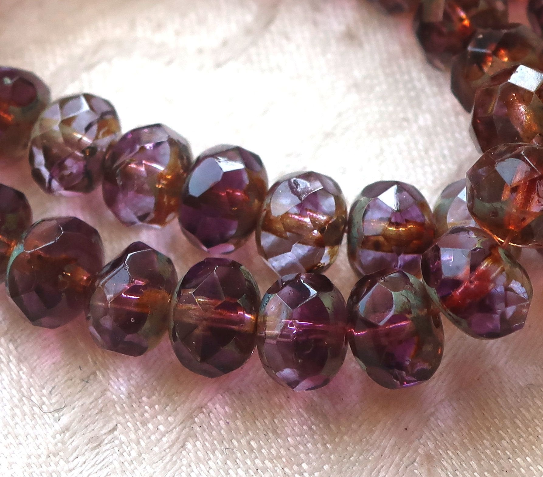 Lot of 25 Czech glass faceted puffy rondelles, 6 x 8mm transparent marbled amethyst, purple & lavender picasso, rondelle beads 00301 - Glorious Glass Beads