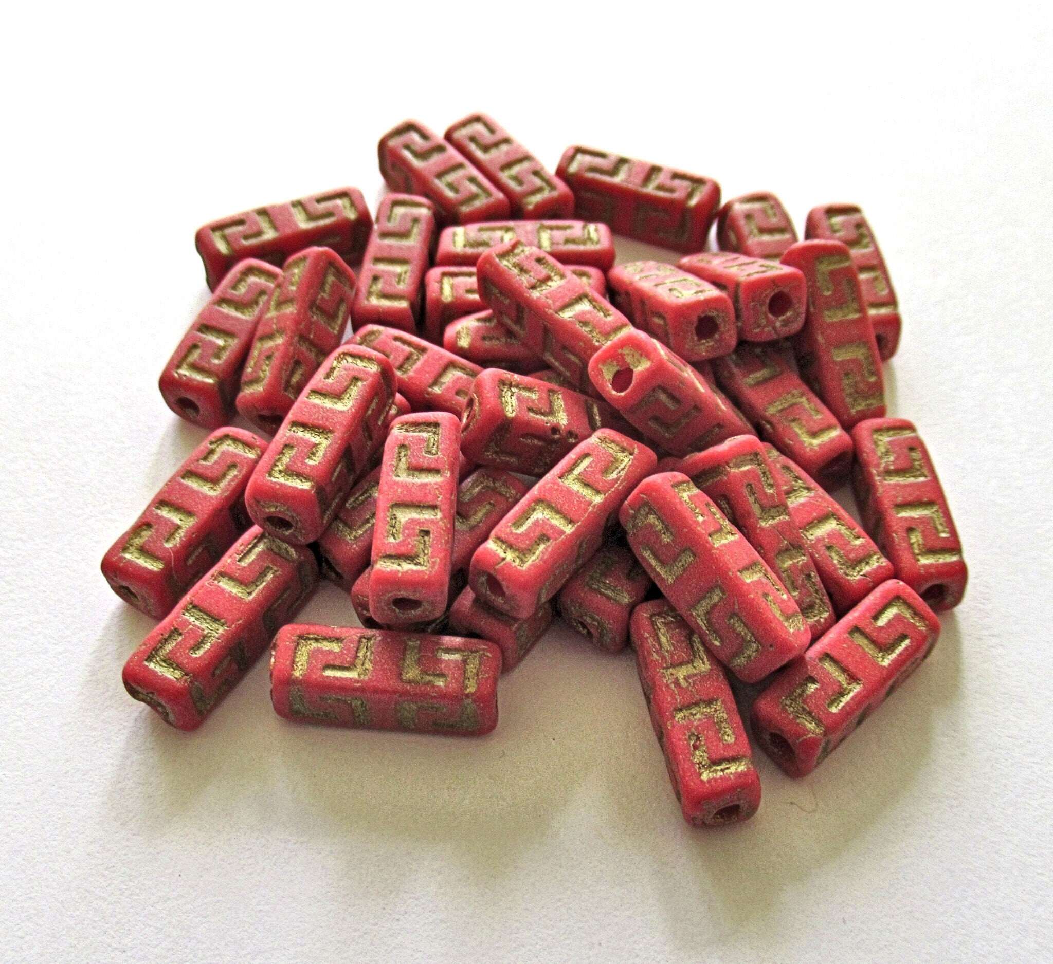 12 Czech glass beads - squared tube beads - Celtic block beads - opaque red with a gold wash - 15 x 5mm C0047