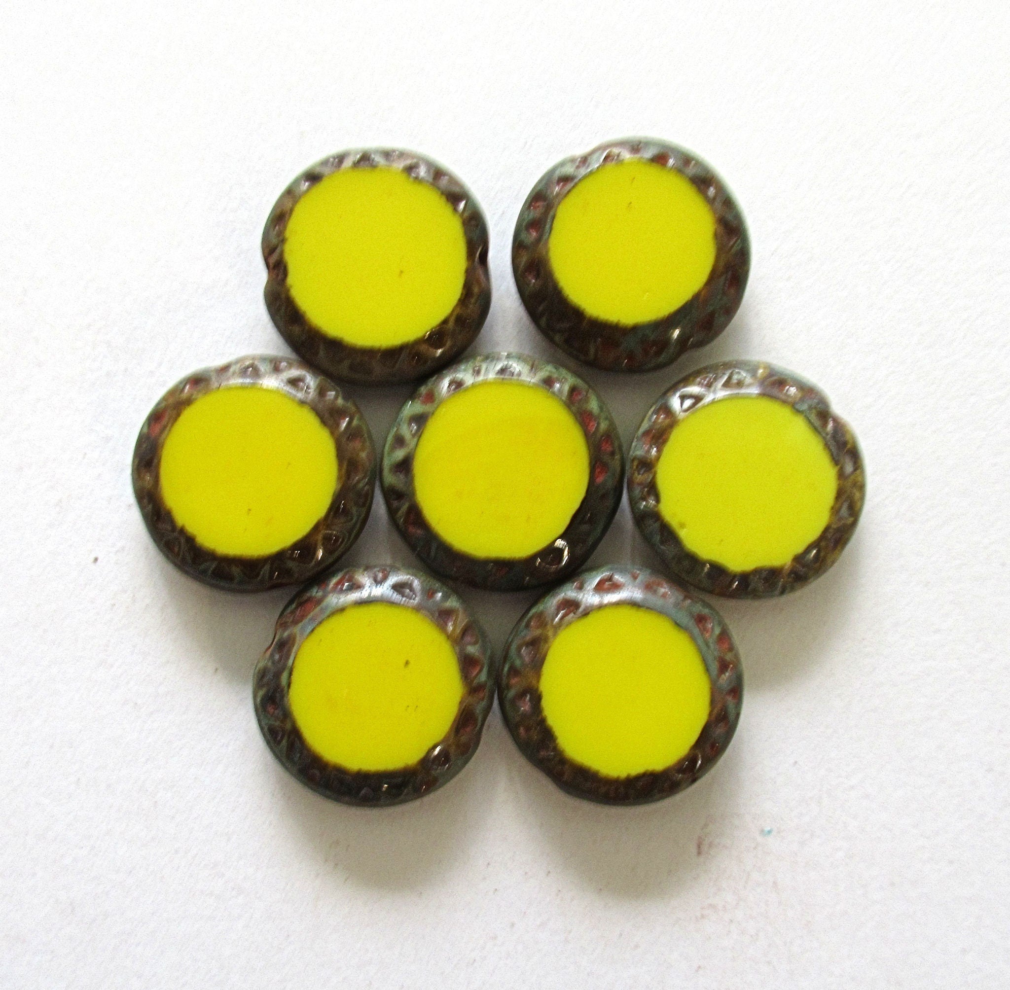 Six 16mm Czech glass coin or disc beads - opaque yellow picasso beads - table cut carved beads w/ textured edges - C00941