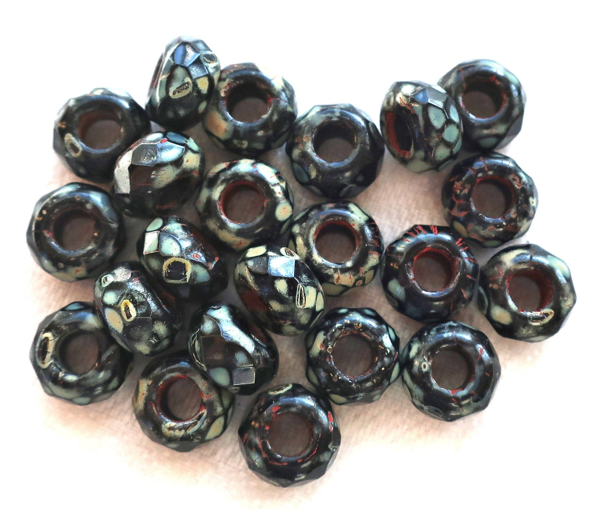 Ten 9mm x 6mm Jet Black Picasso Czech glass beads, faceted round roller, rondelle beads, big 3.5mm hole beads C50110 - Glorious Glass Beads